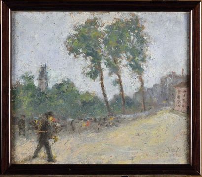 null Marc MOUCLIER (1866-1949) Passant devant trois arbres Huile sur carton Signé...
