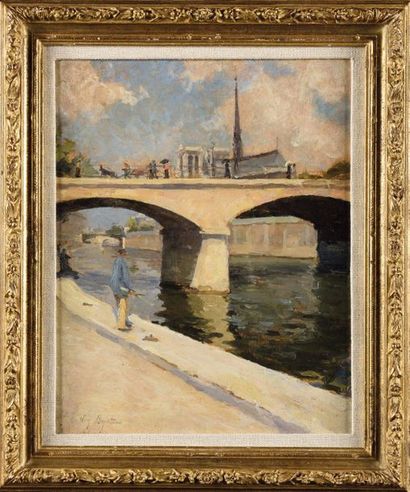 null Eugène BEJOT (1867-1931) Pêcheur sous le pont Huile sur panneau Signé en bas,...