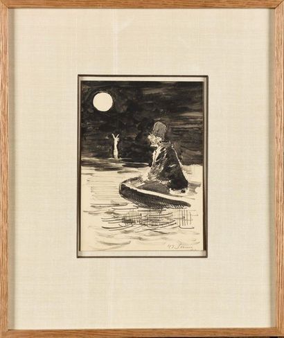 null Henry SOMM (1844-1907) Pêcheur au clair de lune Dessin à l’encre de chine Signé...