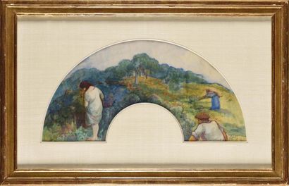 null Louis ROY (1862-1907) Scène paysanne en Bretagne, 1897 Aquarelle en forme d’éventail...