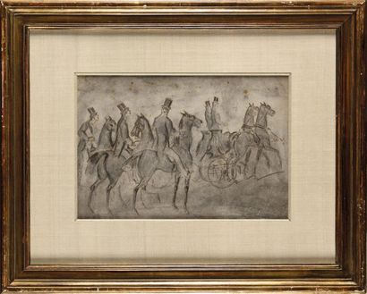 null Constantin GUYS (1802-1892) Groupe de cavaliers en promenade Dessin au lavis...