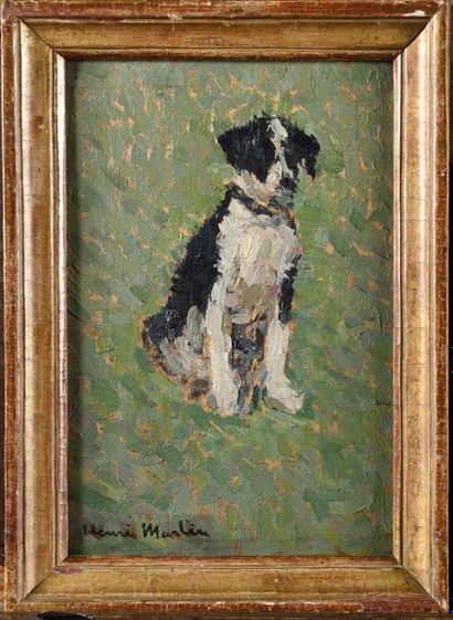 null Henri MARTIN (1860-1943) Etude de chien assis Huile sur panneau Signé en bas...