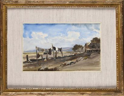 null Attributed to Eugène ISABEY (1804-1886) Le linge qui sèche sur la plage Watercolour...