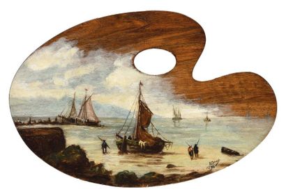 null E.CORET (XIXe) Le retour des pêcheurs Huile sur palette Signé en bas vers la...