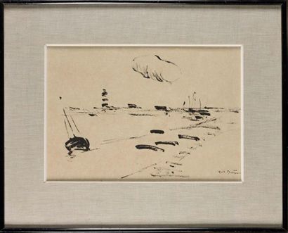 null Abel BERTRAM (1871-1954) Bateau au mouillage Dessin à l’encre de chine Signé...