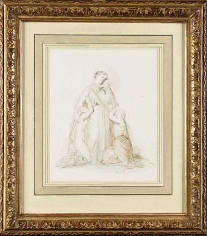 null Théodore CHASSERIAU (1819-1856) Mère et enfants Dessin au lavis d’encre brune...