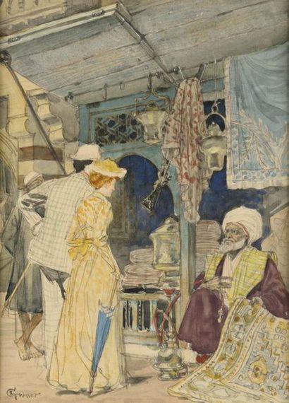 null Eugène Samuel GRASSET (1841-1917) Visite au marchand de tapis dans le souk Aquarelle...