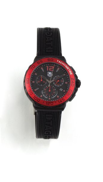 null TAG HEUER Formula 1. blackened steel round tachymeter chronograph watch, black...