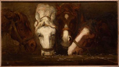null "AUGUST FRIEDRICH SCHENCK (1828-1901) Quatre chevaux au mangeoir Signé ""Schenck""...