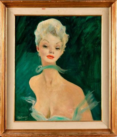 null JEAN GABRIEL DOMERGUE (1889-1962) Portrait of Madame B. Oil on panel Signed...
