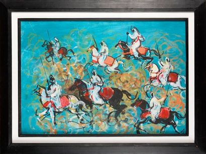 null HASSAN EL GLAOUI (1924-2018) Horsemen, blue background Oil on panel Signed lower...