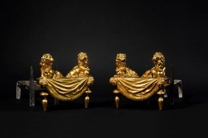 null Pair of chased and gilded bronze andirons decorated with two lions resting on...