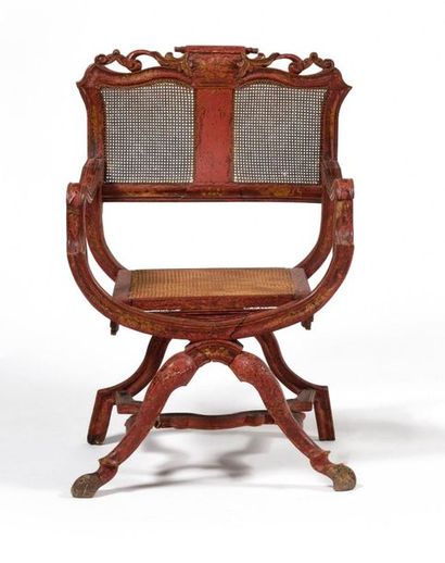 null Gondola armchair in red painted wood with gold highlights, with cane seat and...