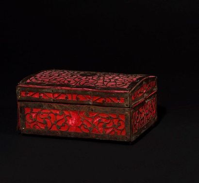 null Rectangular box finely openworked with iron scrolls on wood core lined with...