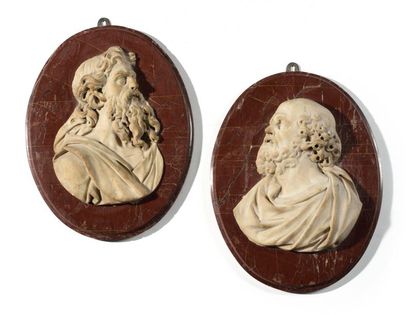 null Pair of white marble reliefs depicting two ancient philosophers, on red griotte...