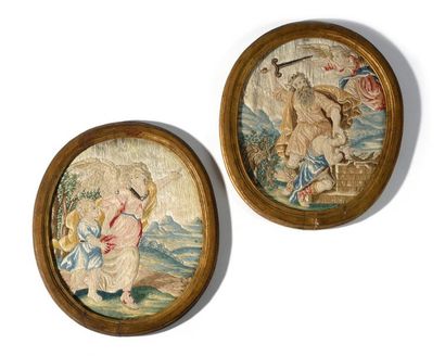 Pair of oval embroidery panels with polychrome...