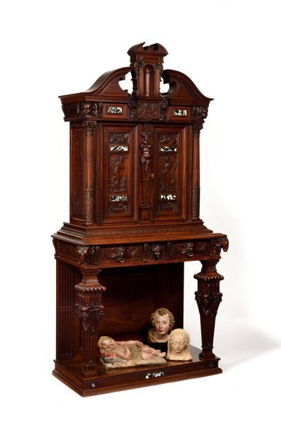 null Carved walnut cabinet opening with two doors and two drawers, inlaid with Grand...