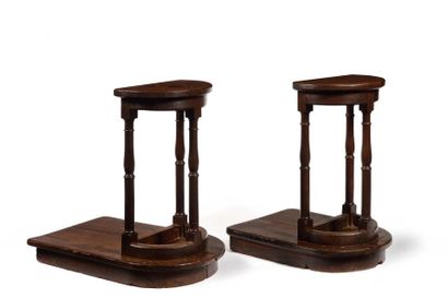 null Pair of oak bistro stools with step, three legs turned into a column and baluster,...