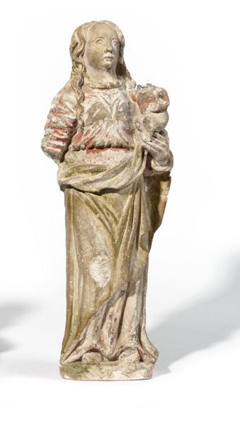 null Vierge à l’Enfant en pierre calcaire sculptée avec restes de polychromie. Debout,...