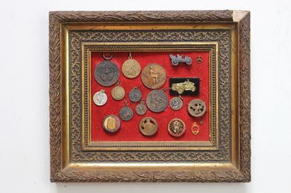 null Varia Automobilia

- Frame including 9 automotive-themed medals, 4 pins (including...