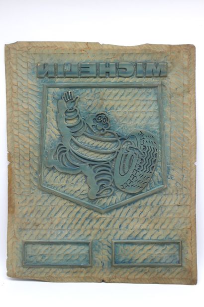 null Michelin Man, stamp to mark the boxes.

Large rubber plate carved with a gouge,...