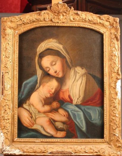 Ecole FRANCAISE XIXe, d'après Giovanni Battista SASSOFERRATO Vierge à l'enfant Huile...