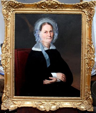 Ecole FRANCAISE vers 1850 Portrait de femme au bonnet de dentelle Huile sur toile...