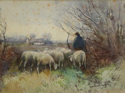 Frederic EDE (1865-1907) Aquarelle Berger et son troupeau Signé en bas à droite 26,5...