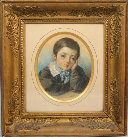 Ecole FRANCAISE vers 1830 Portrait de petit garçon rêveur Crayons et réhauts de gouache...