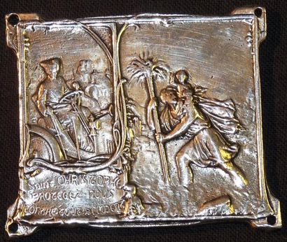 null Très belle plaque "Saint Christophe" en bronze argenté, début XXème, 60x55 ...