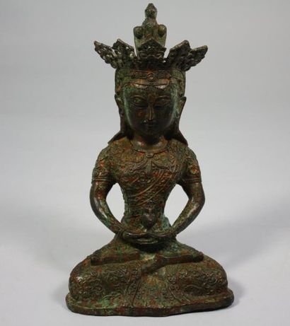CHINE ? STATUETTE de Divinité assise en prière en bronze patine H.25,5 cm