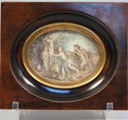 SYLVIN, XIXe Faune et faunesse Miniature de forme ovale sur ivoire Signé en bas à...