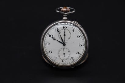 null LONGINES N° 2291186, vers 1910. Beau chronographe de gousset en argent, cadran...
