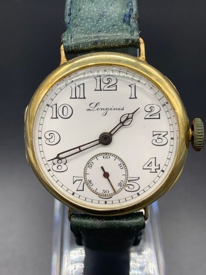  LONGINES WWI 14k yellow gold. Ref: 4580130 Hairy watch circa 1920. Railroad enamelled...
