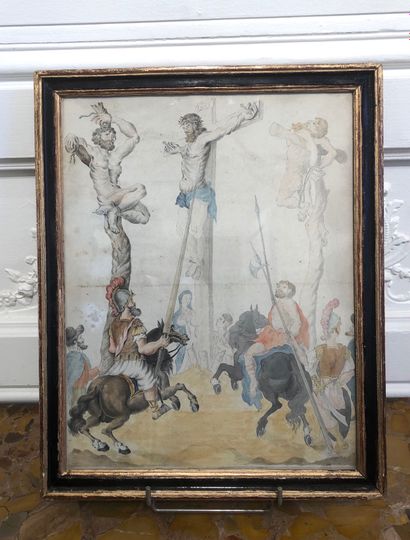 null ECOLE FRANCAISE Vers 1700 La Crucifixion Plume, lavis et aquarelle . 38.5 x...