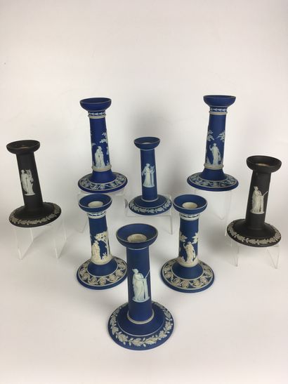 null WEDGWOOD Three pairs of enamelled bisque candleholders with blue background...