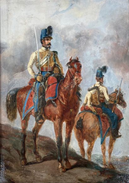 null Carl JOHANNE (XIXe-XXe siècle) Deux fantassins à cheval. Huile sur toile d'origine...