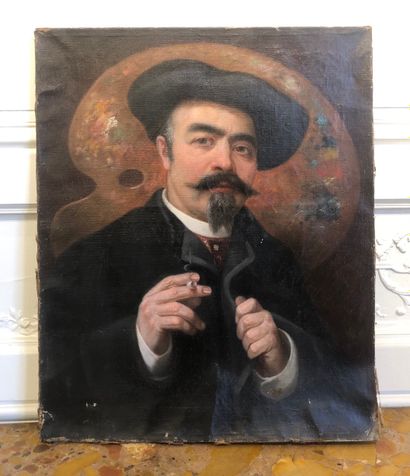 null ECOLE FRANCAISE Fin XIXe siècle Autoportrait à la cigarette Toile Sans cadre...