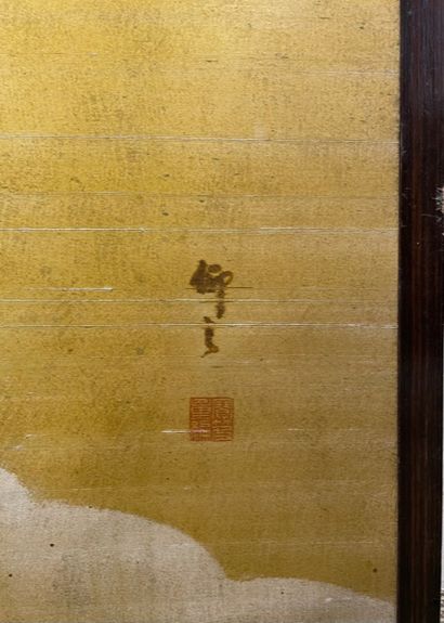  JAPON Paravent à six volets en soie peinte sur fond jaune à décor de bambous et...