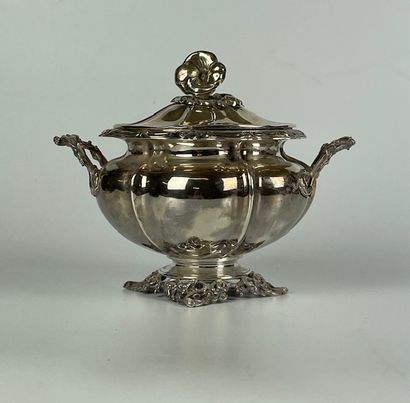 null Large SUGAR covered in silver with melon ribs resting on a leafy pedestal, the...