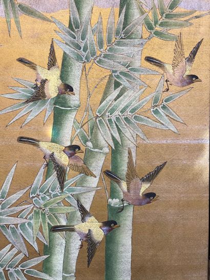 null JAPON Paravent à six volets en soie peinte sur fond jaune à décor de bambous...