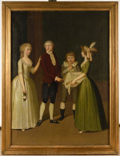  ECOLE DU NORD du XVIIIe siècle Portrait de famille Huile sur toile 136 x 100 cm...