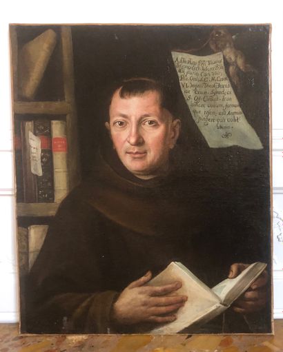 null ECOLE ITALIENNE du XVIIème sicècle Portrait d'Ecclésiastique dans sa bibliothèque...