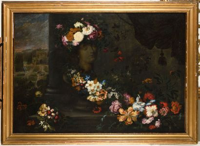null Benito ESPINOS (Valencia, 1748 - 1818) Garland of flowers and bust of a woman...