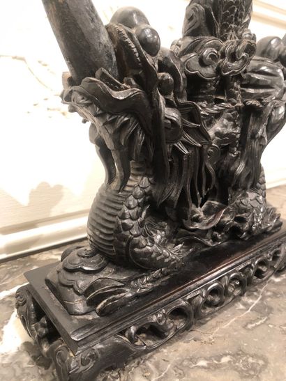 null CHINA Carved hardwood group of carved dragons holding carved tusks. Late 19th...