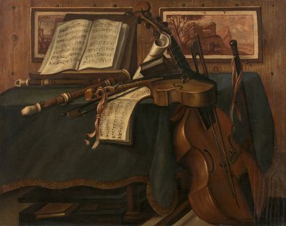null DE SACY, 1716 Still life with musical instruments Signed and dated lower left...