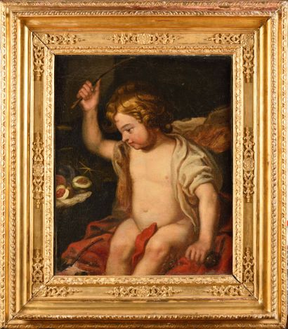 null 17th century FLAMANDE SCHOOL Putto sitting near a bowl of fruit Canvas (fragment)...