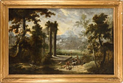 null Adrien Frans Van BOUDEWINS (1644-1711) (Attribué à) Rentrée du troupeau près...