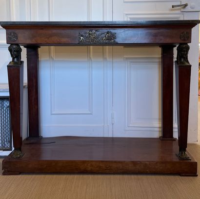 null CONSOLE in mahogany and mahogany veneer with blackened wood caryatid uprights,...