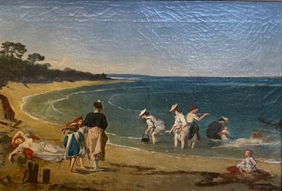null Joseph FELON (1818-1896) Scène de baignade sur le bassin d'Arcachon Huile sur...